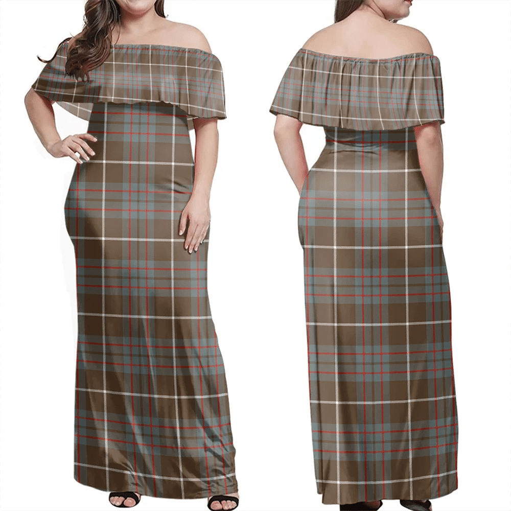 MacIntyre Hunting Weathered Tartan Off Shoulder Long Dress