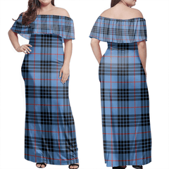 MacKay Blue Tartan Off Shoulder Long Dress