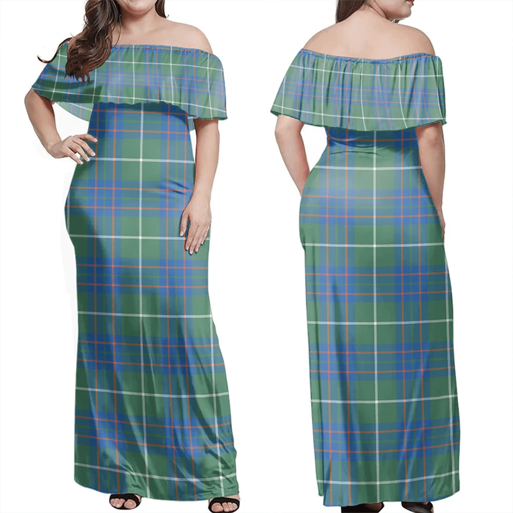 MacIntyre Hunting Ancient Tartan Off Shoulder Long Dress