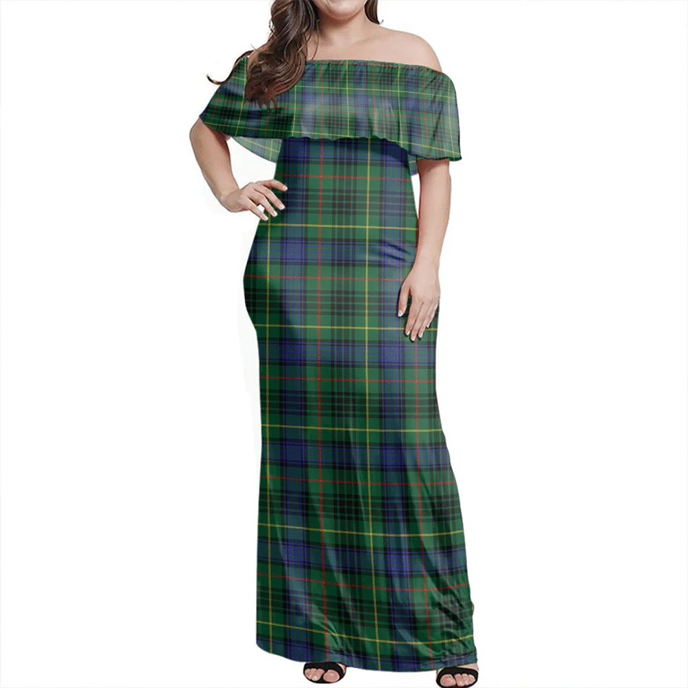 Stewart Hunting Modern Tartan Off Shoulder Long Dress