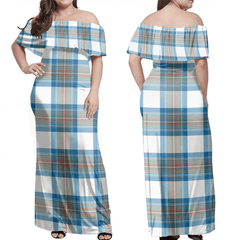 Stewart Muted Blue Tartan Off Shoulder Long Dress