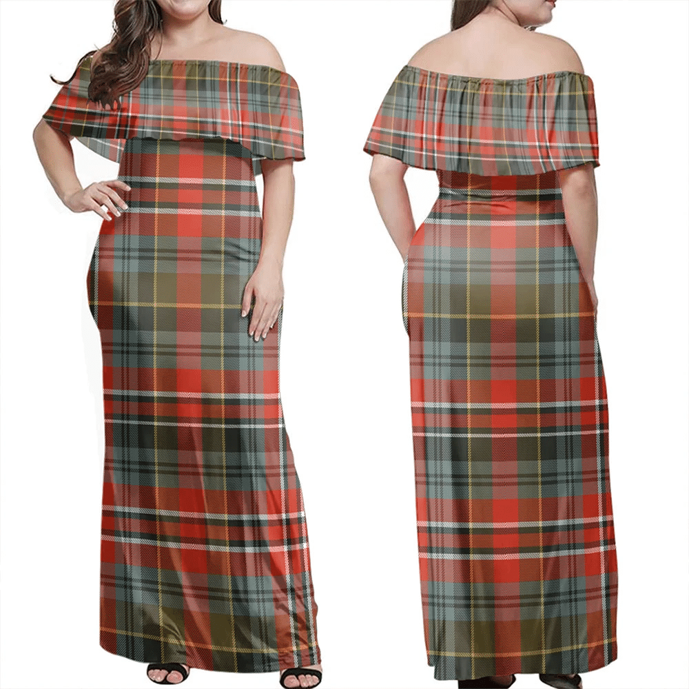 MacPherson Weathered Tartan Off Shoulder Long Dress