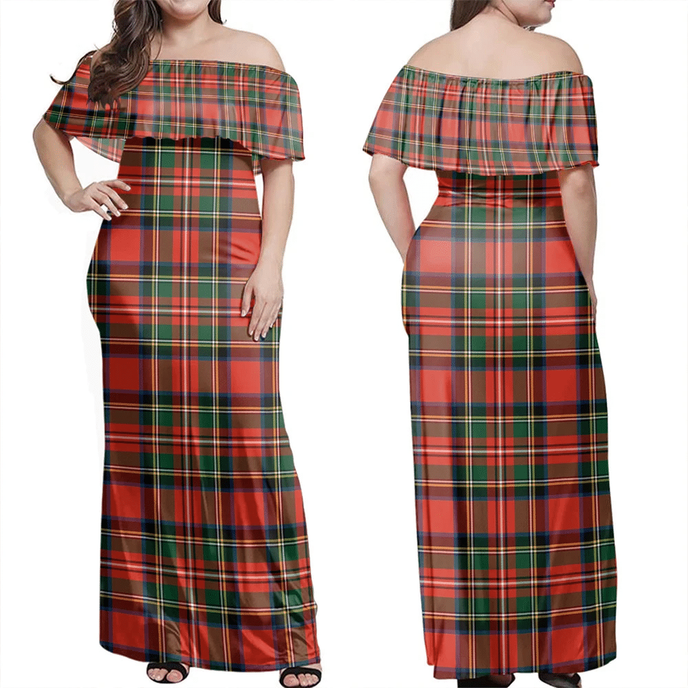 Stewart Royal Modern Tartan Off Shoulder Long Dress