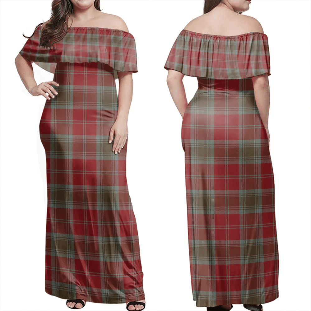 Lindsay Weathered Tartan Off Shoulder Long Dress