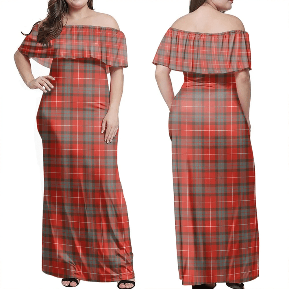 Fraser Weathered Tartan Off Shoulder Long Dress