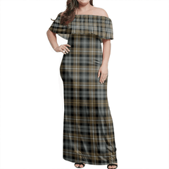 Campbell Argyll Weathered Tartan Off Shoulder Long Dress