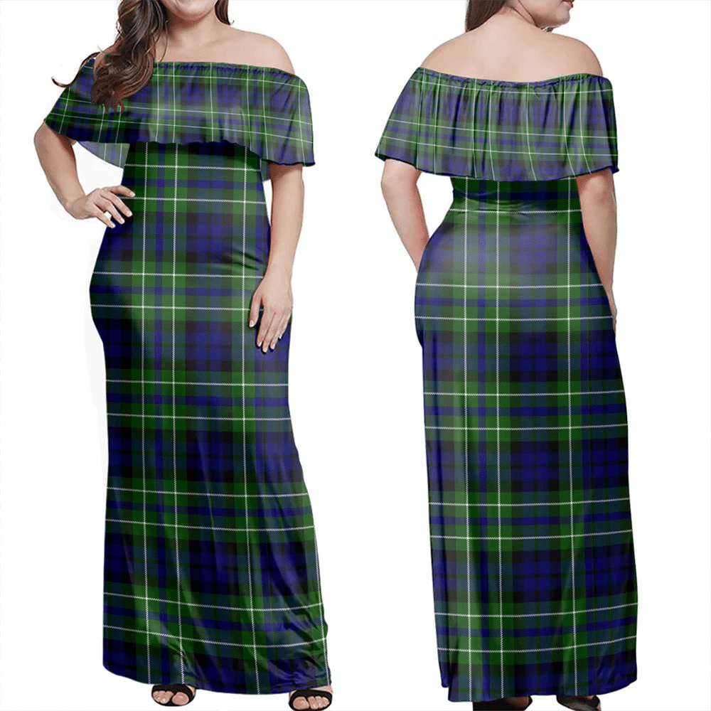 MacNeil Of Colonsay Modern Tartan Off Shoulder Long Dress