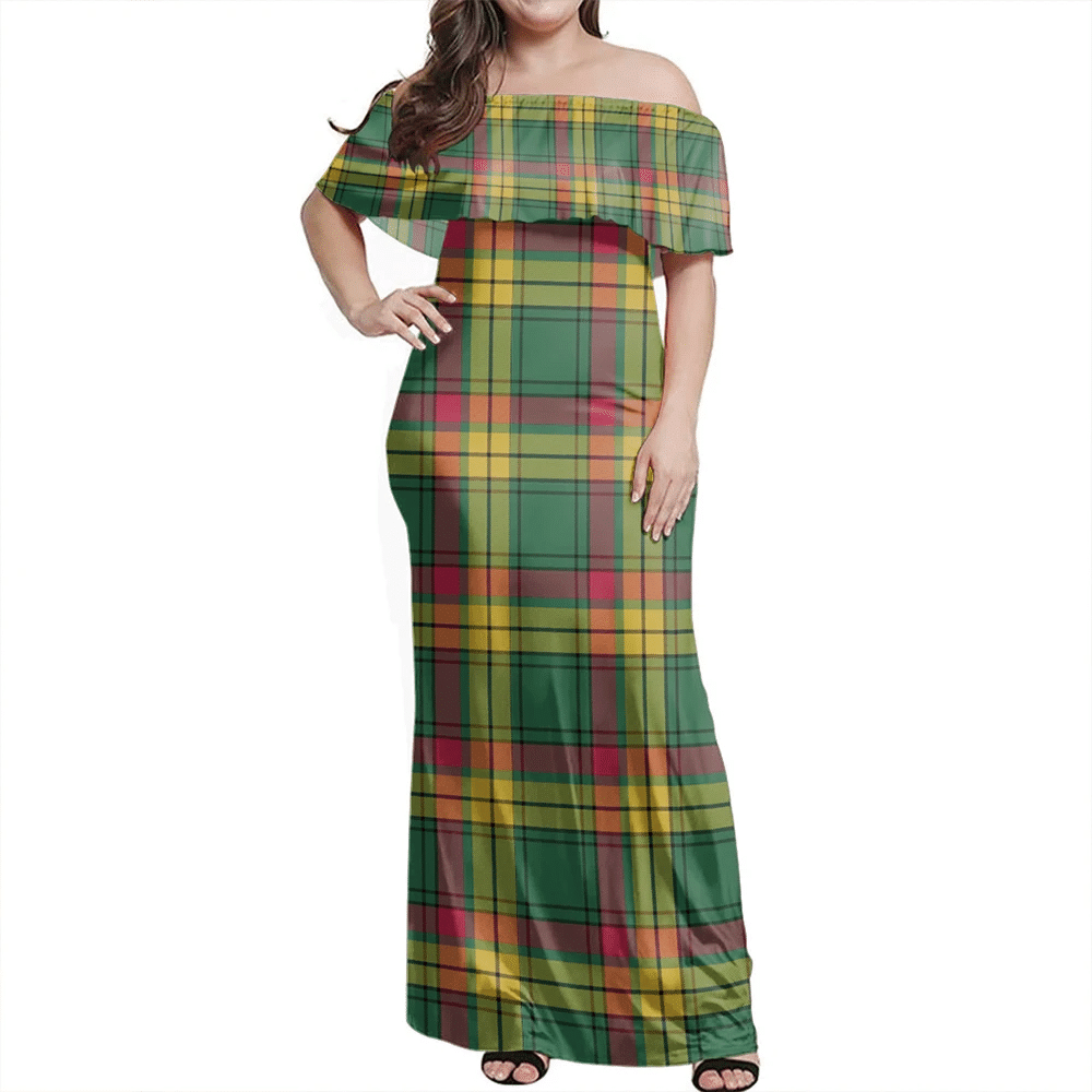 MacMillan Old Ancient Tartan Off Shoulder Long Dress