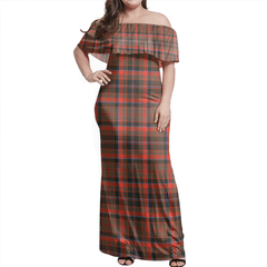 Cumming Hunting Weathered Tartan Off Shoulder Long Dress