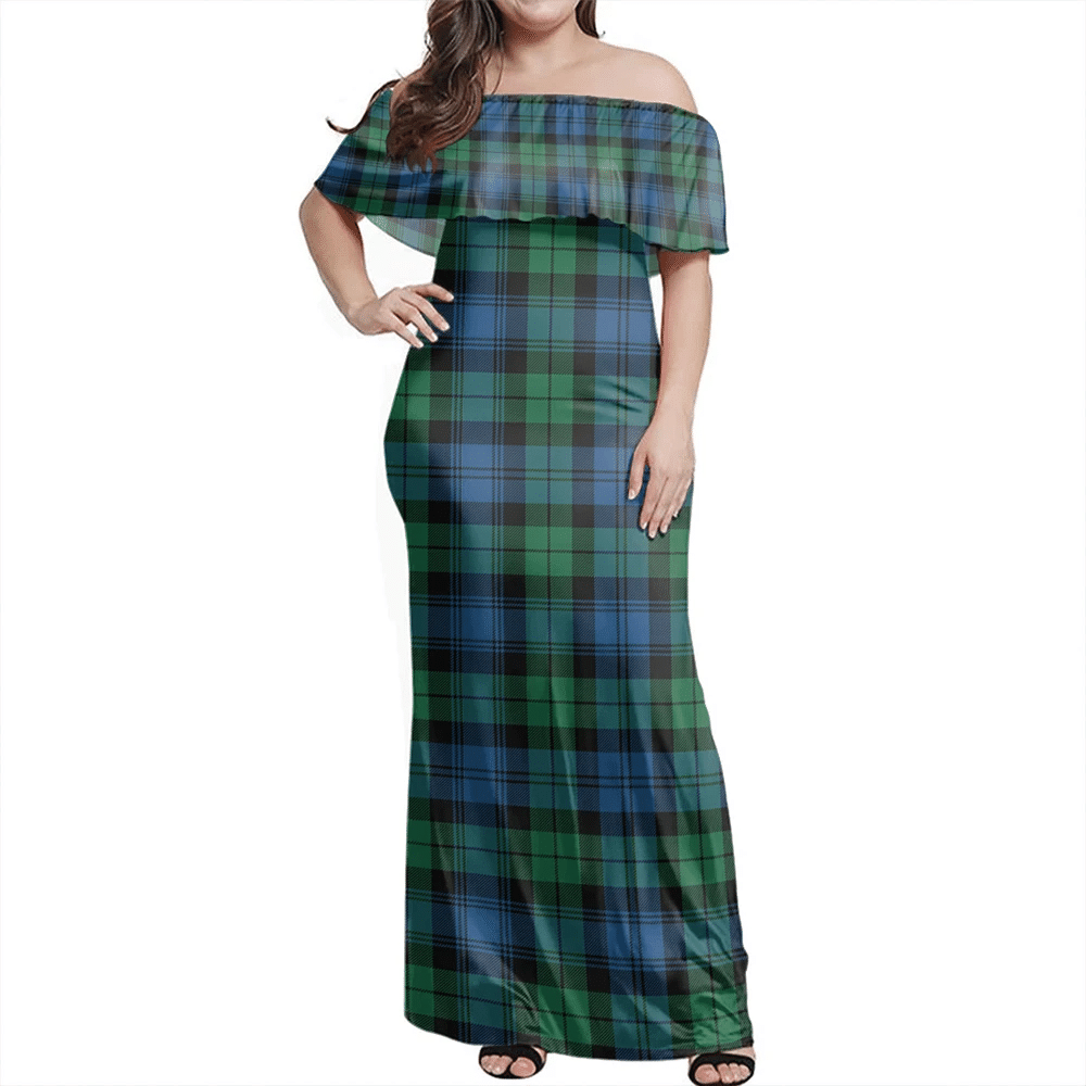 Blackwatch Ancient Tartan Off Shoulder Long Dress