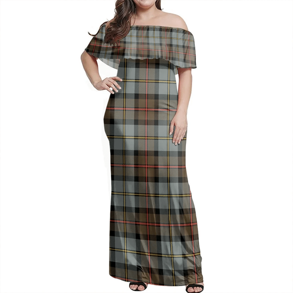 MacLeod Of Harris Weathered Tartan Off Shoulder Long Dress