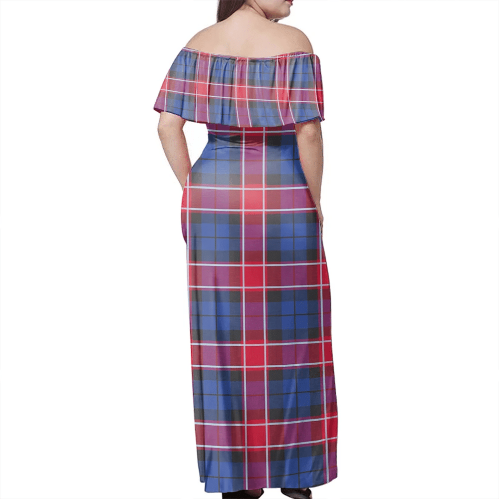 Graham Of Menteith Red Tartan Off Shoulder Long Dress