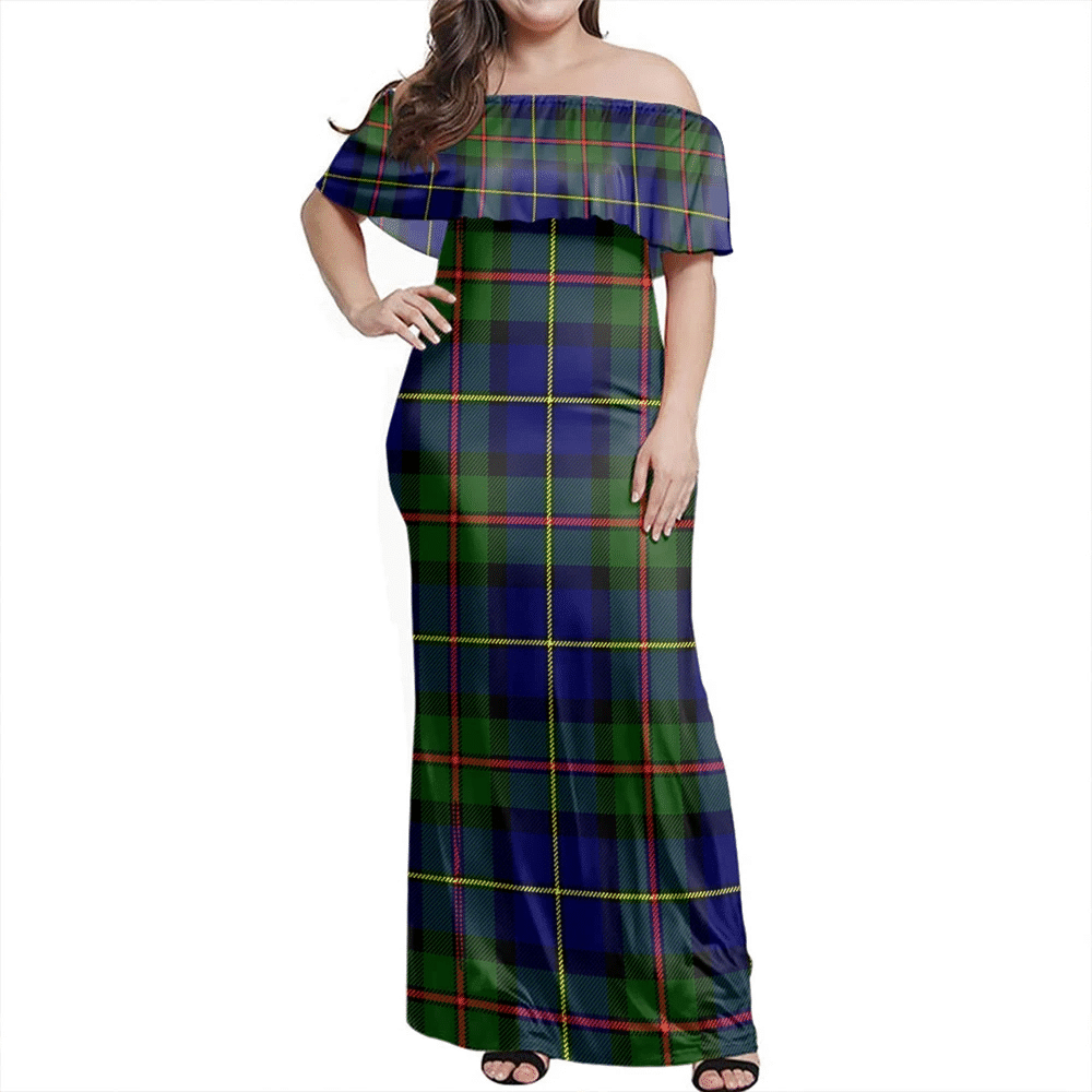 MacLeod Of Harris Modern Tartan Off Shoulder Long Dress