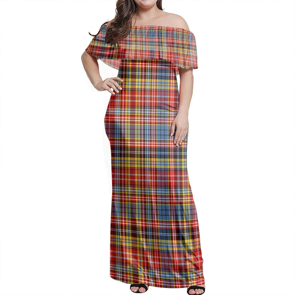 Drummond Of Strathallan Tartan Off Shoulder Long Dress