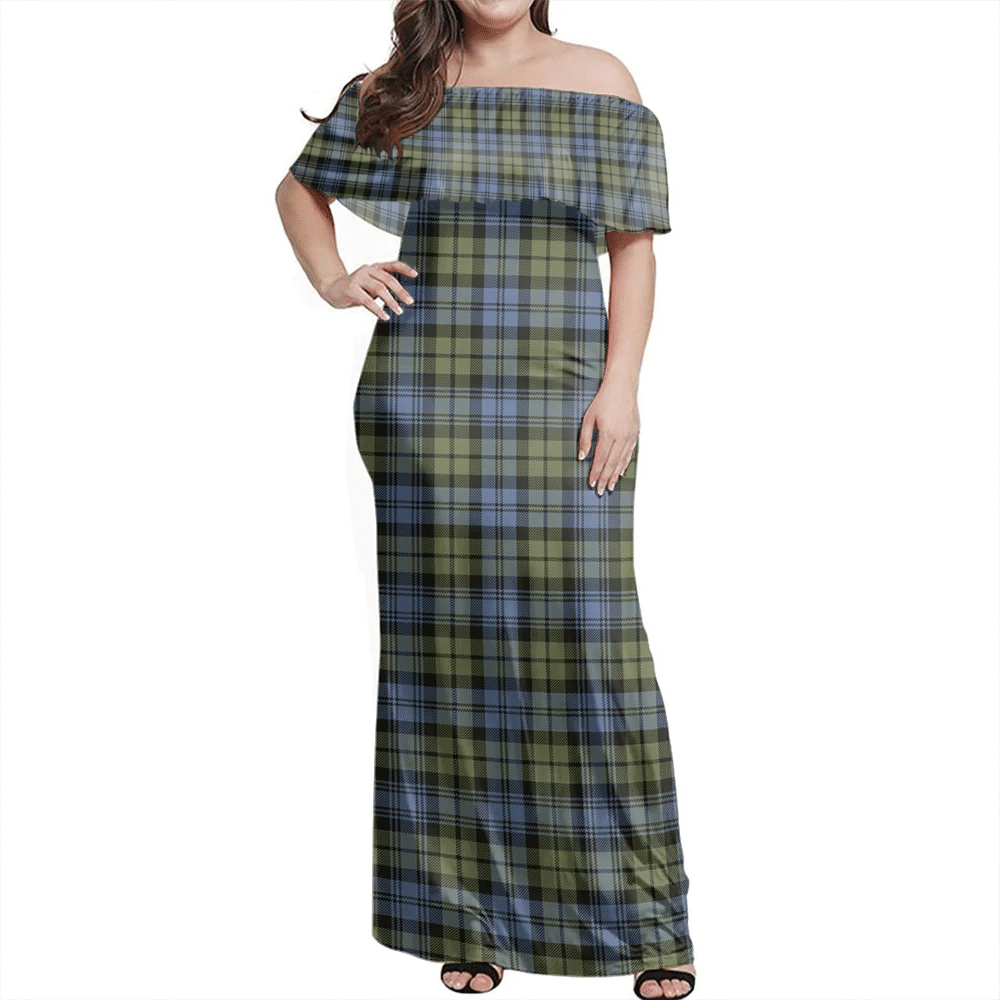 Campbell Faded Tartan Off Shoulder Long Dress