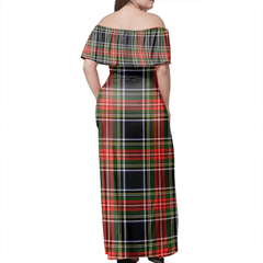 Stewart Black Tartan Off Shoulder Long Dress