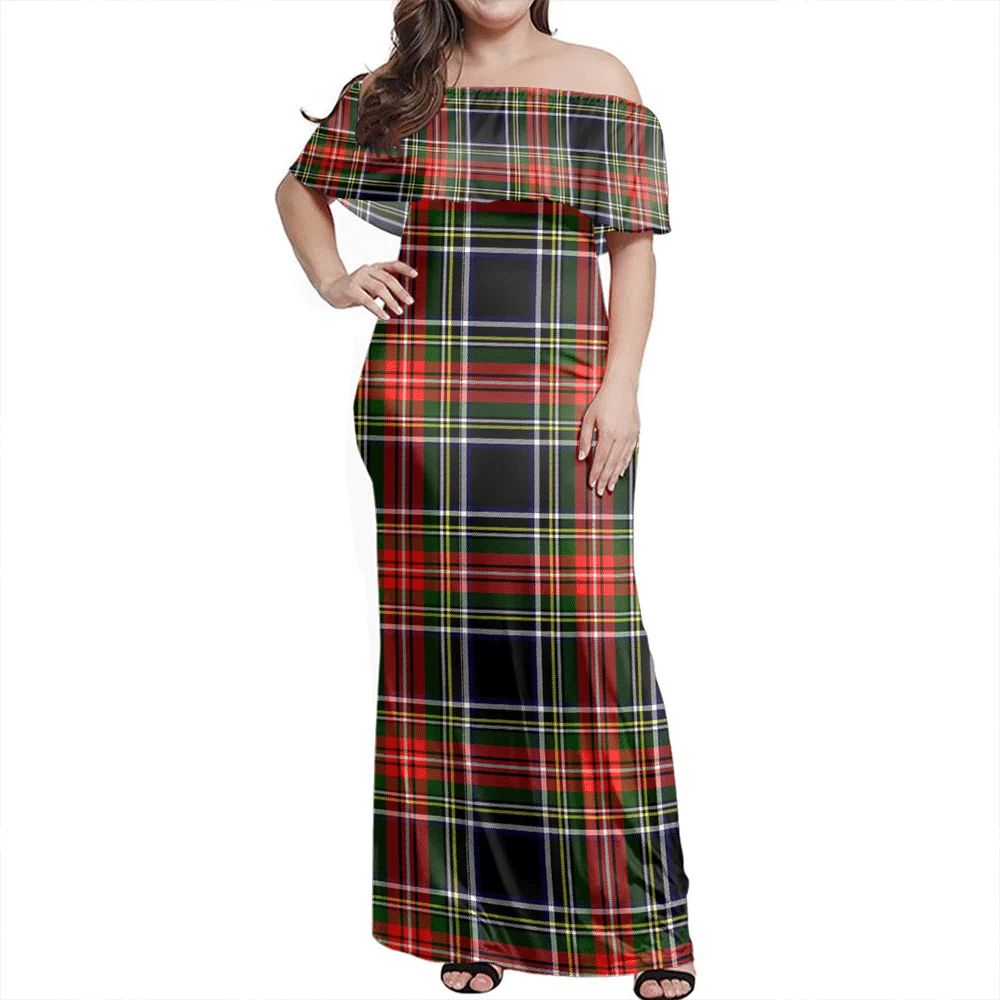 Stewart Black Tartan Off Shoulder Long Dress