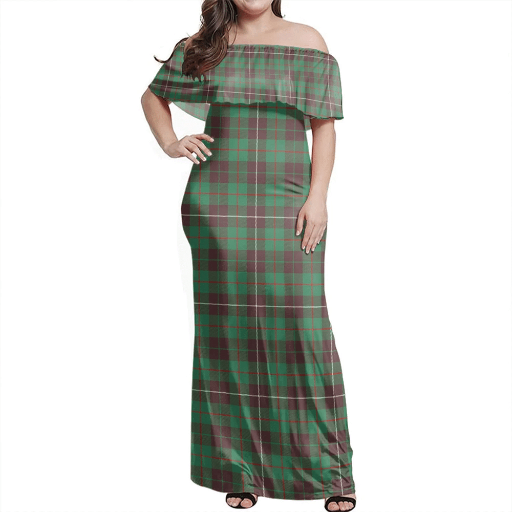 MacKinnon Hunting Ancient Tartan Off Shoulder Long Dress