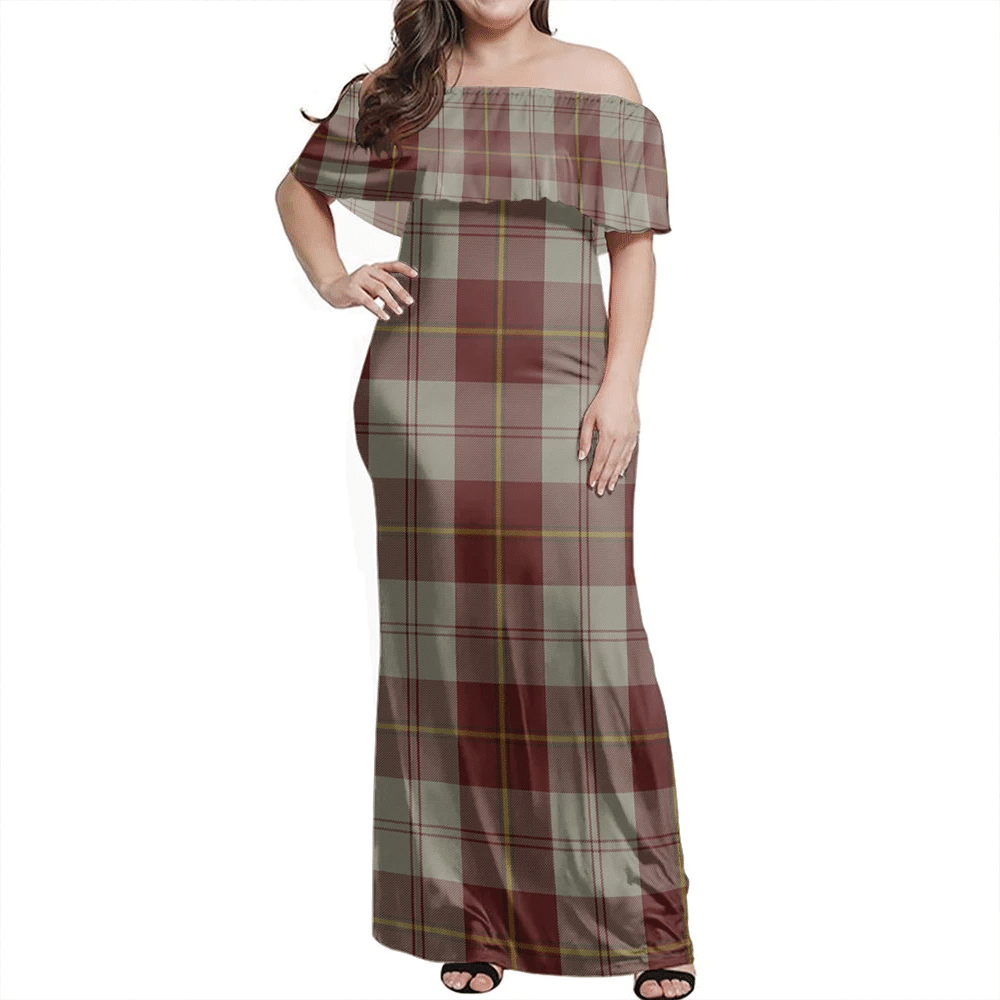 Cunningham Burgundy Dancers Tartan Off Shoulder Long Dress