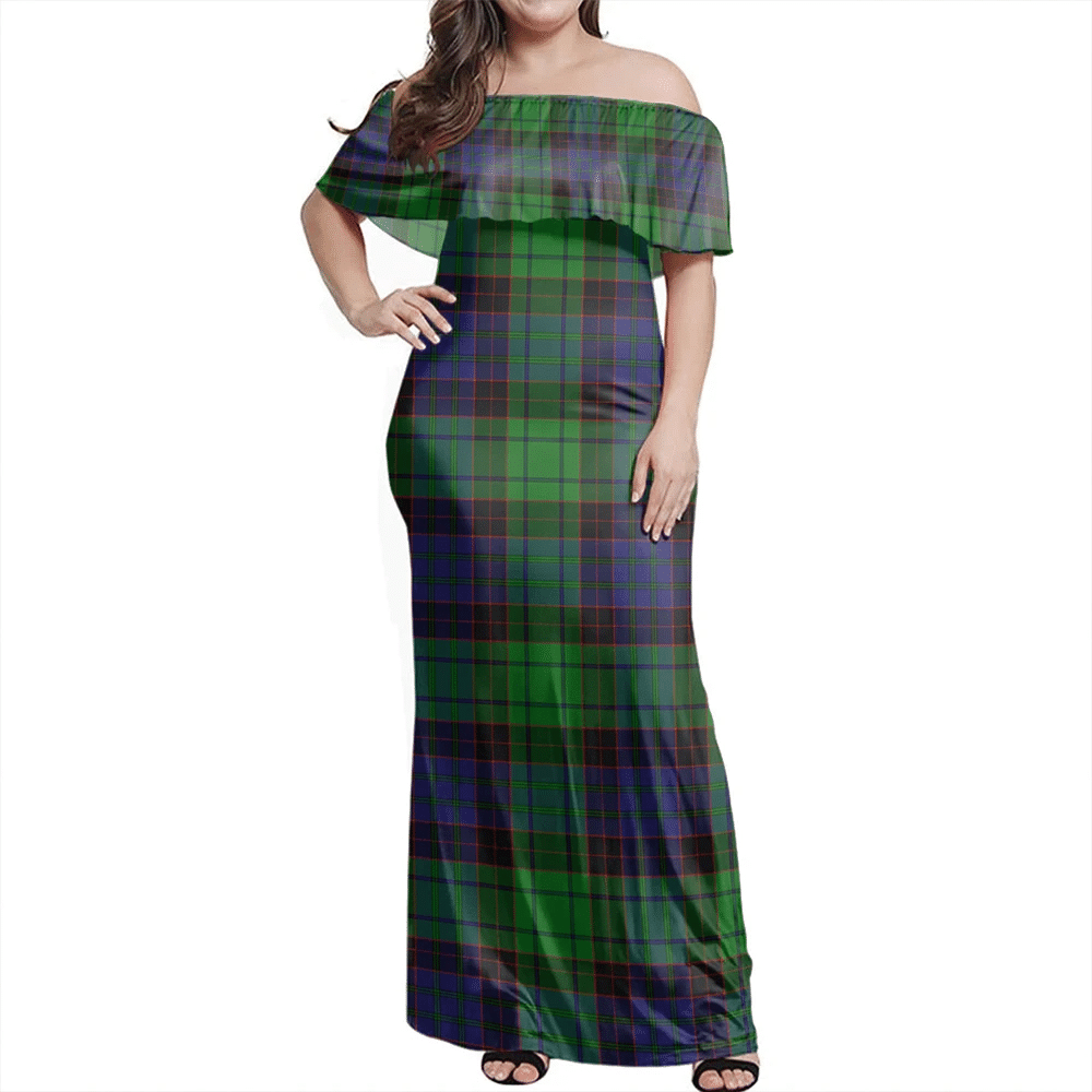 Stewart Old Modern Tartan Off Shoulder Long Dress