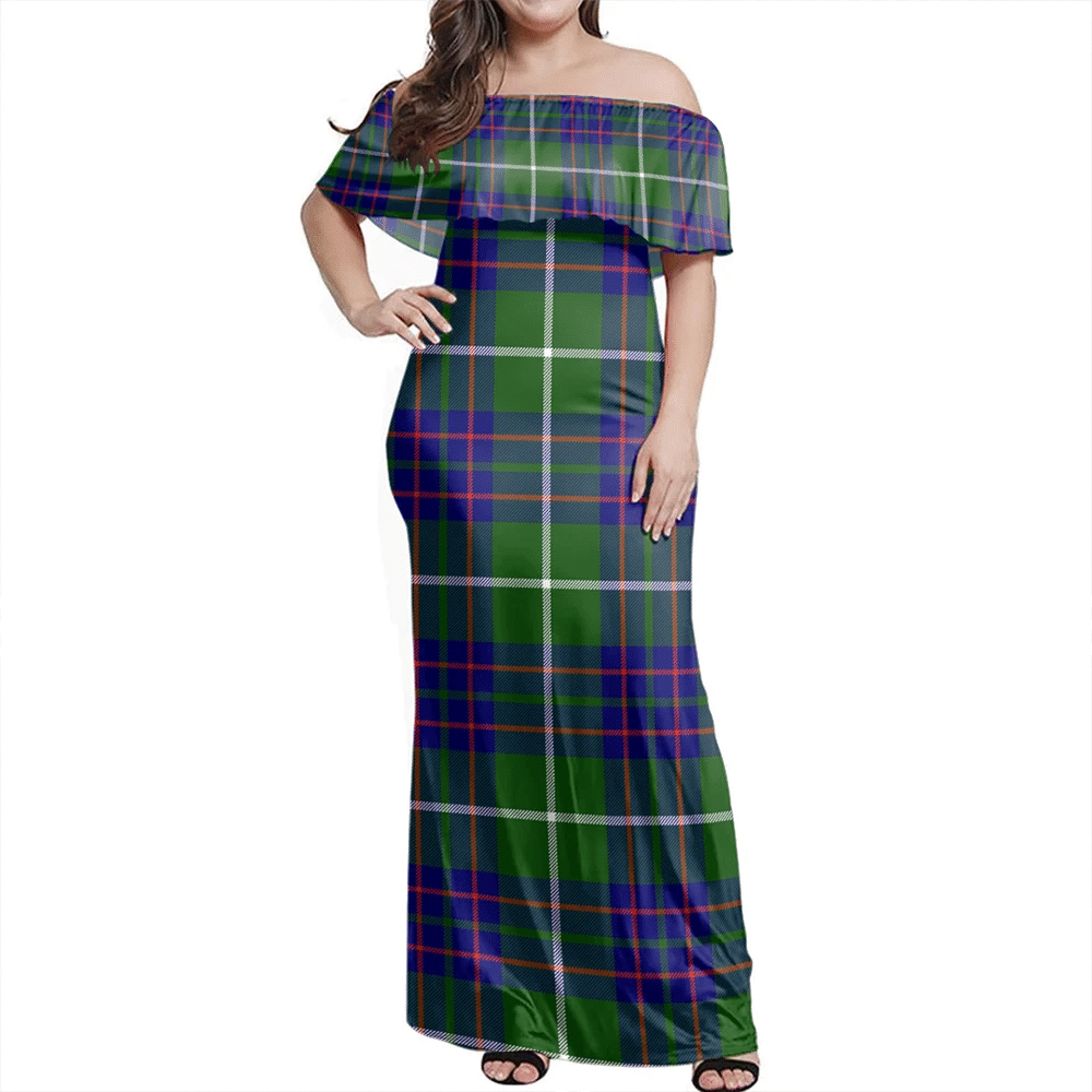 MacIntyre Hunting Modern Tartan Off Shoulder Long Dress