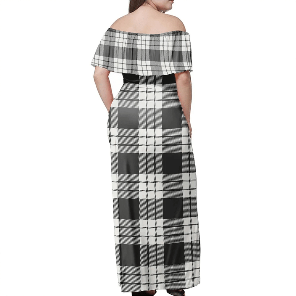 MacFarlane Black & White Tartan Off Shoulder Long Dress