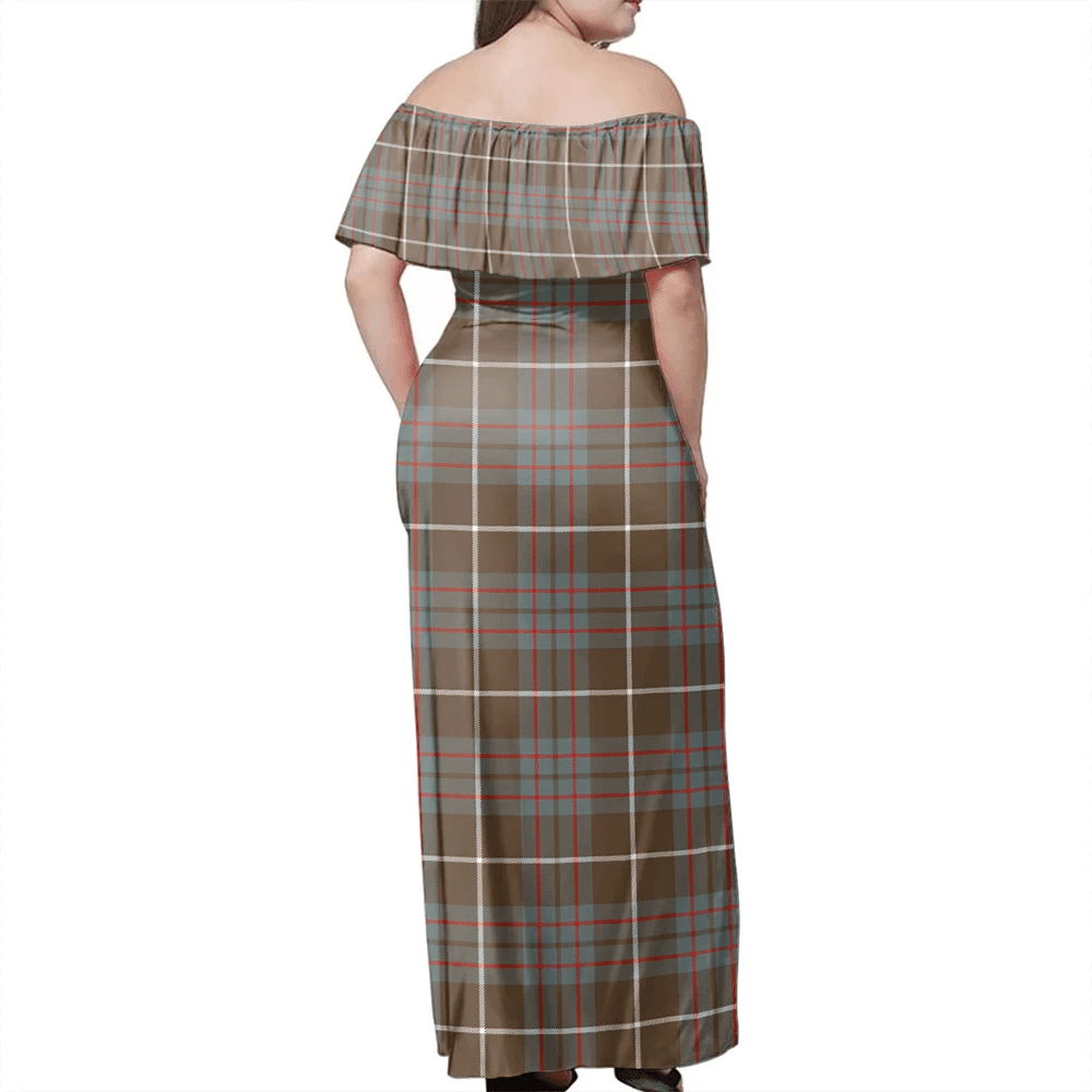 MacIntyre Hunting Weathered Tartan Off Shoulder Long Dress