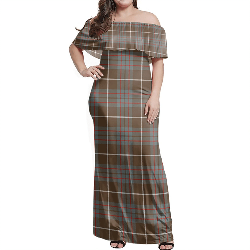 MacIntyre Hunting Weathered Tartan Off Shoulder Long Dress