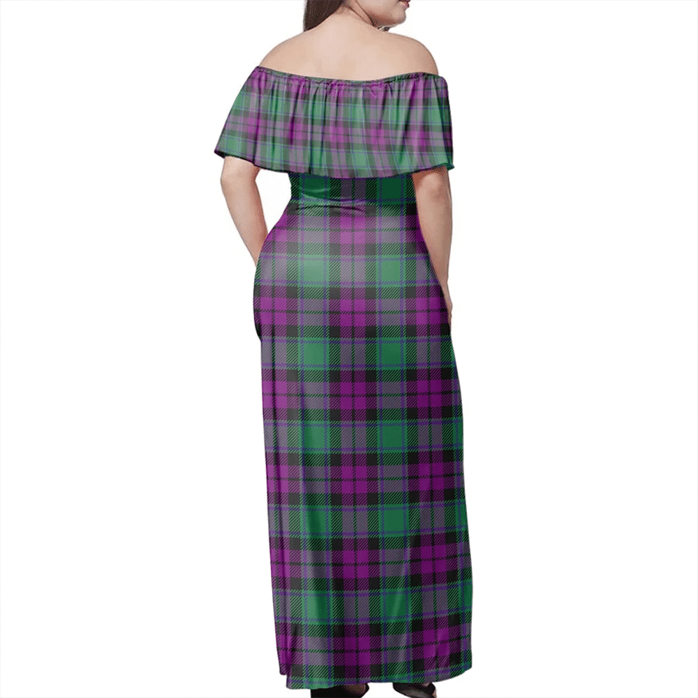 MacArthur Milton Tartan Off Shoulder Long Dress