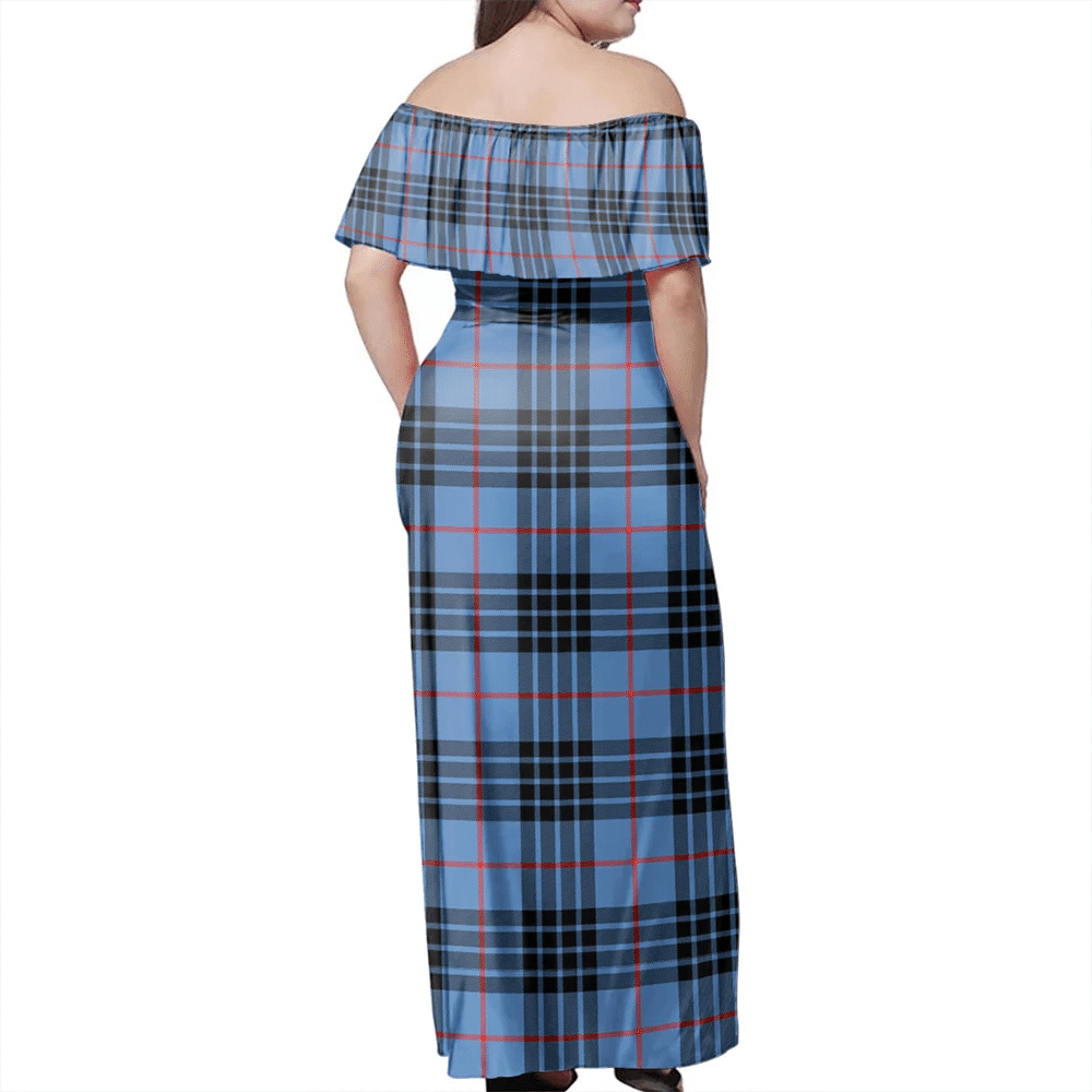 MacKay Blue Tartan Off Shoulder Long Dress