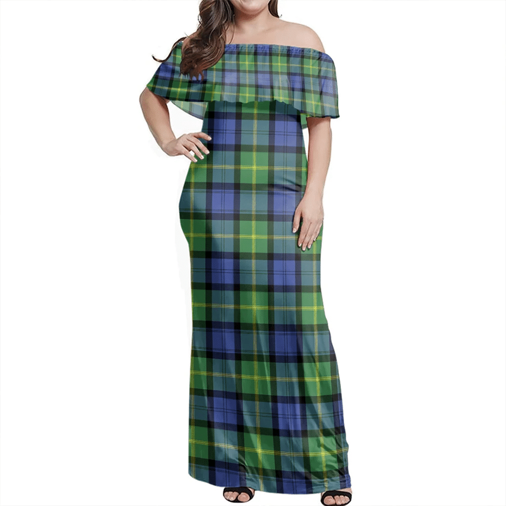 Gordon Old Ancient Tartan Off Shoulder Long Dress