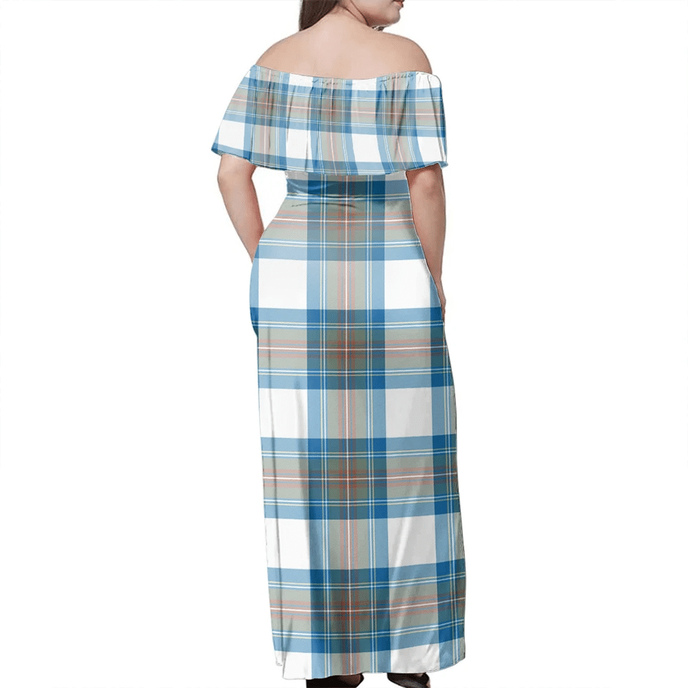 Stewart Muted Blue Tartan Off Shoulder Long Dress