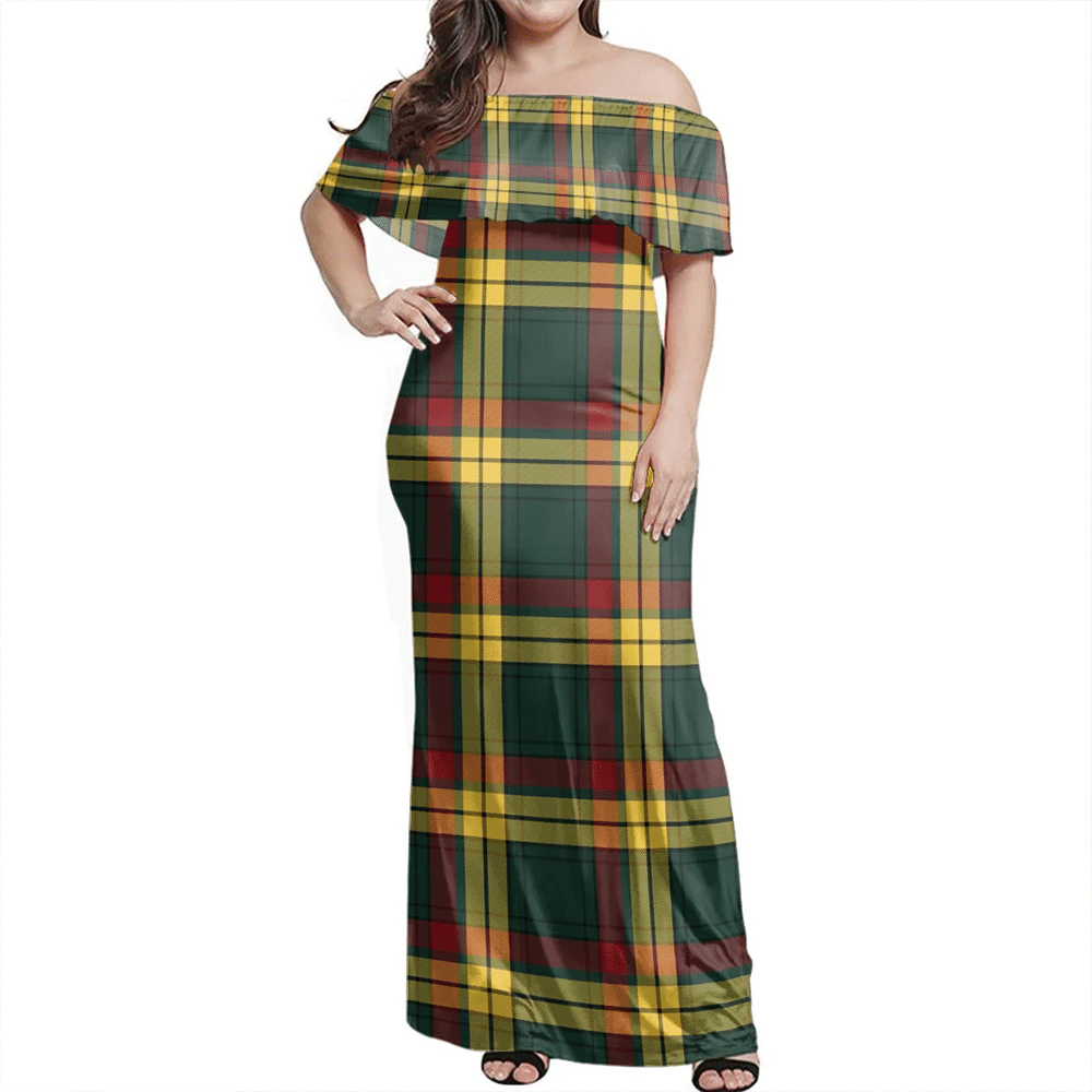 MacMillan Old Modern Tartan Off Shoulder Long Dress