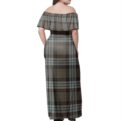 Stewart Old Weathered Tartan Off Shoulder Long Dress