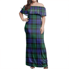 Blackwatch Modern Tartan Off Shoulder Long Dress