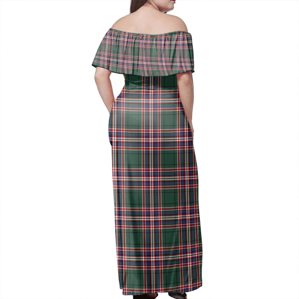 MacFarlane Hunting Modern Tartan Off Shoulder Long Dress