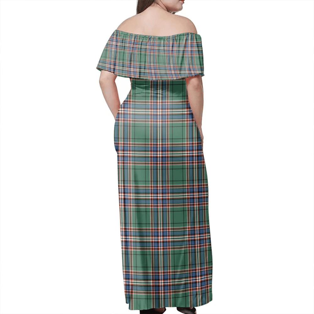 MacFarlane Hunting Ancient Tartan Off Shoulder Long Dress