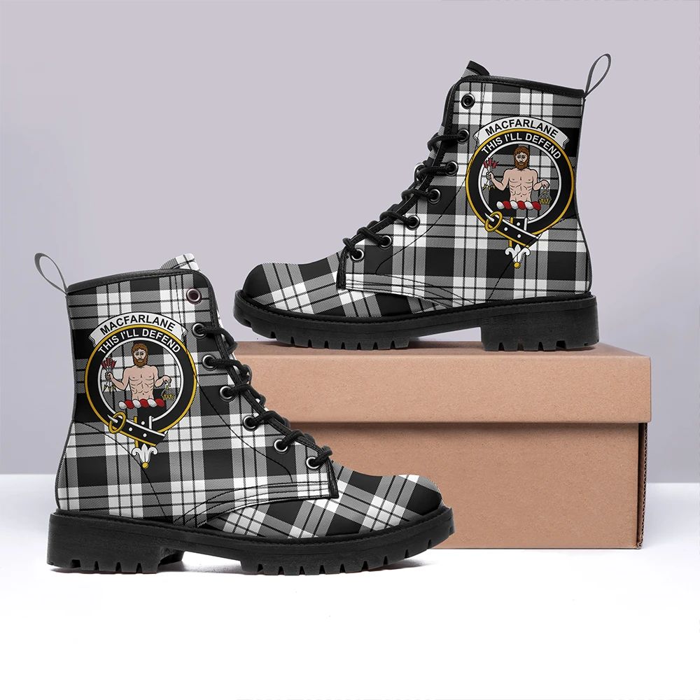 MacFarlane Black & White Tartan Crest Leather Boots