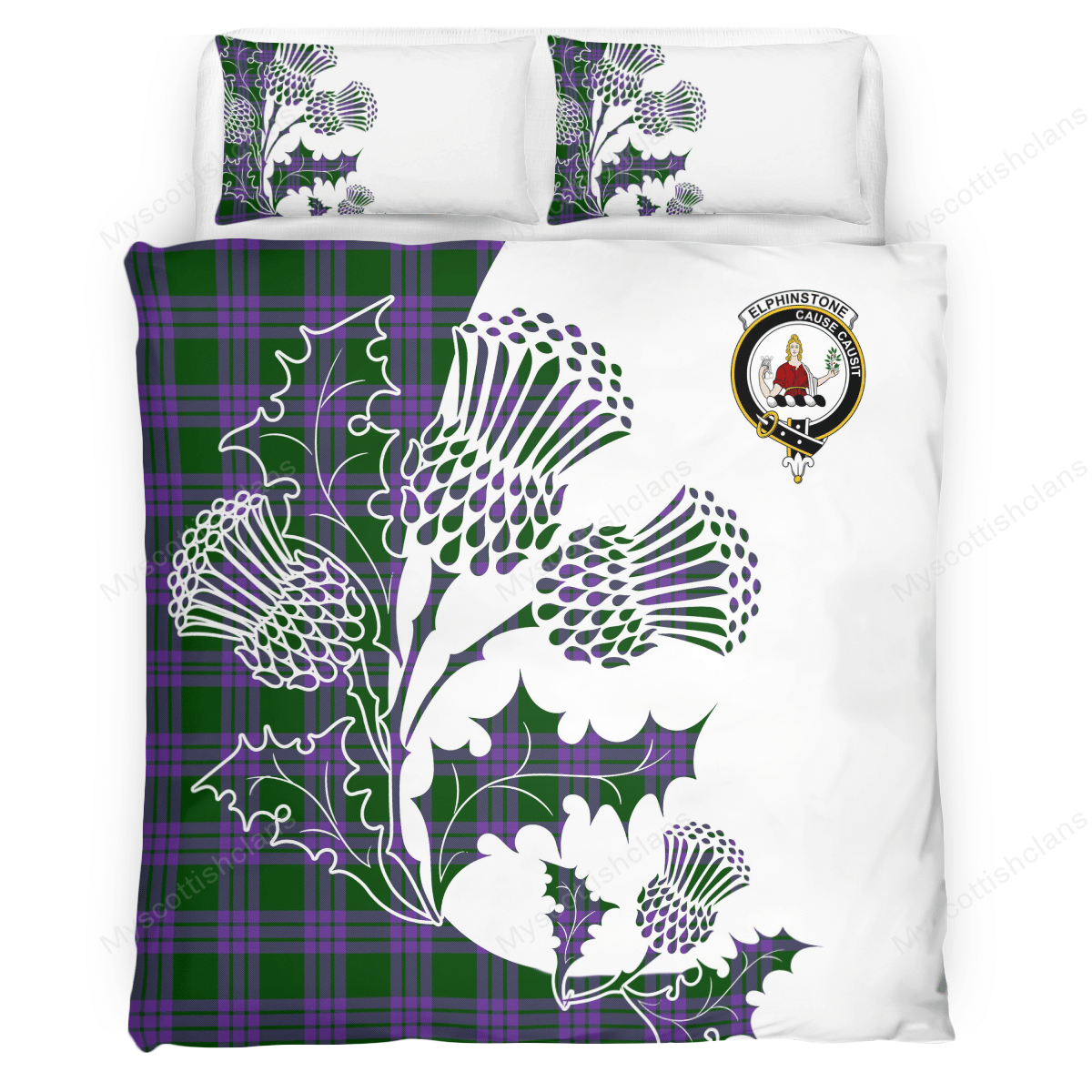 Elphinstone Tartan Crest Bedding Set - Thistle Style