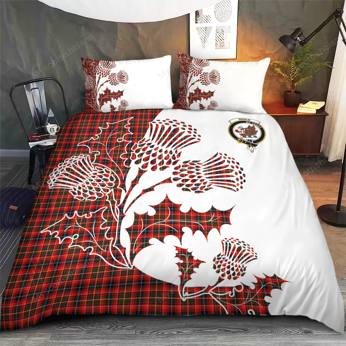 Innes Tartan Crest Bedding Set - Thistle Style