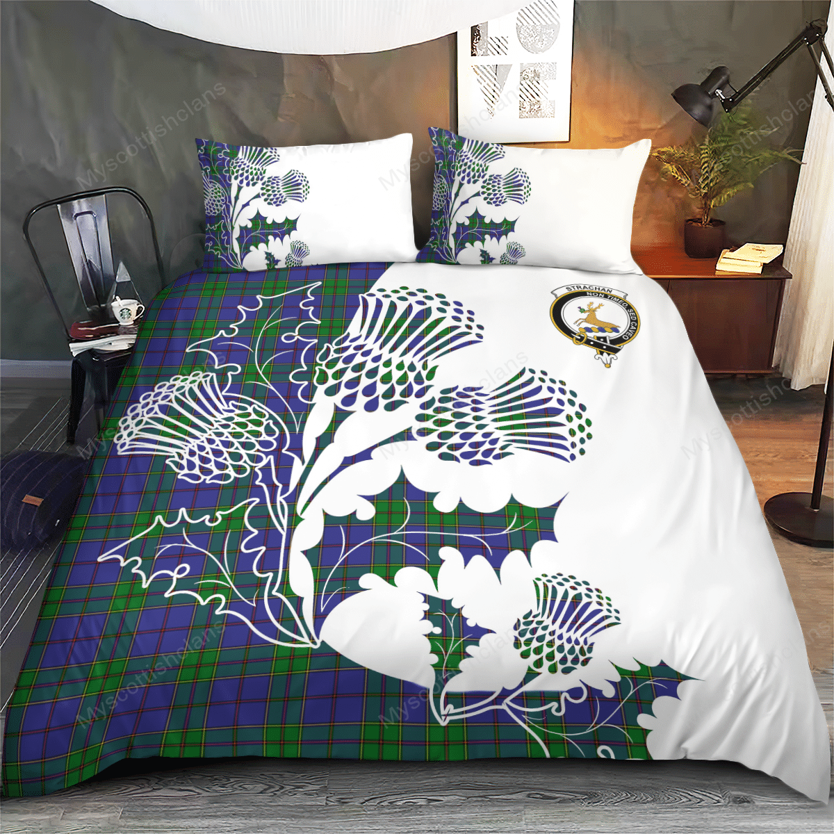 Strachan Tartan Crest Bedding Set - Thistle Style