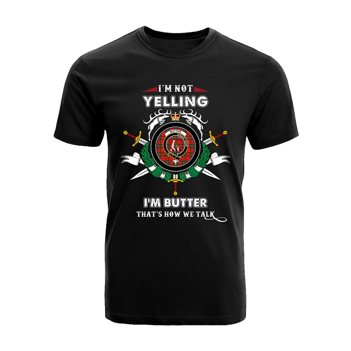 Butter Tartan Crest T-shirt - I'm not yelling style