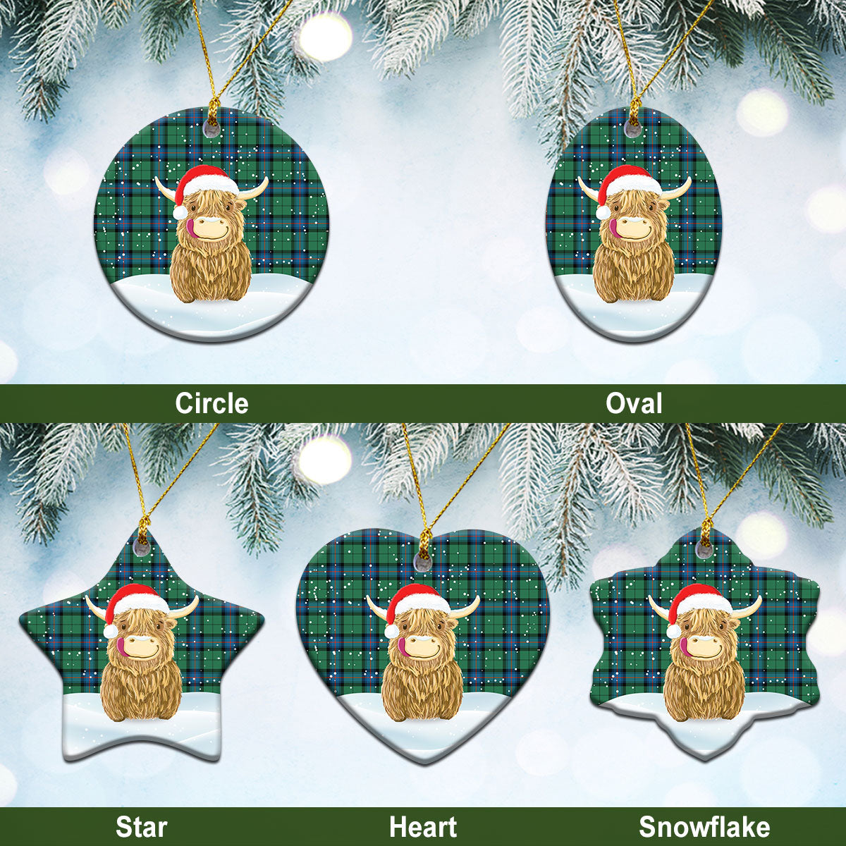 Armstrong Ancient Tartan Christmas Ceramic Ornament - Highland Cows Style