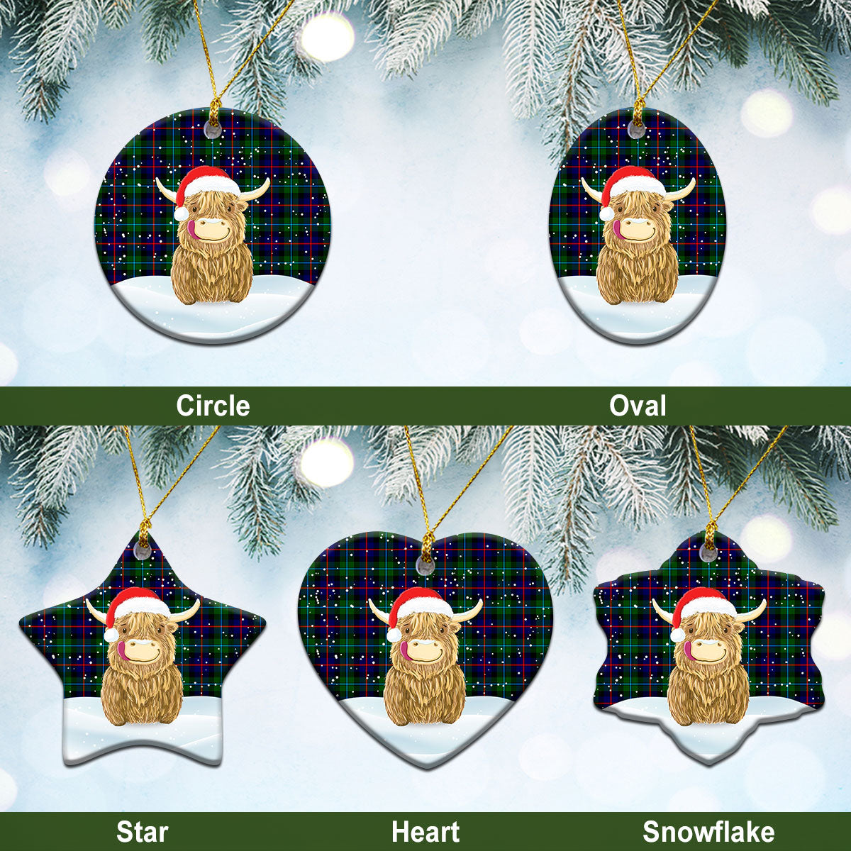 Calder Tartan Christmas Ceramic Ornament - Highland Cows Style