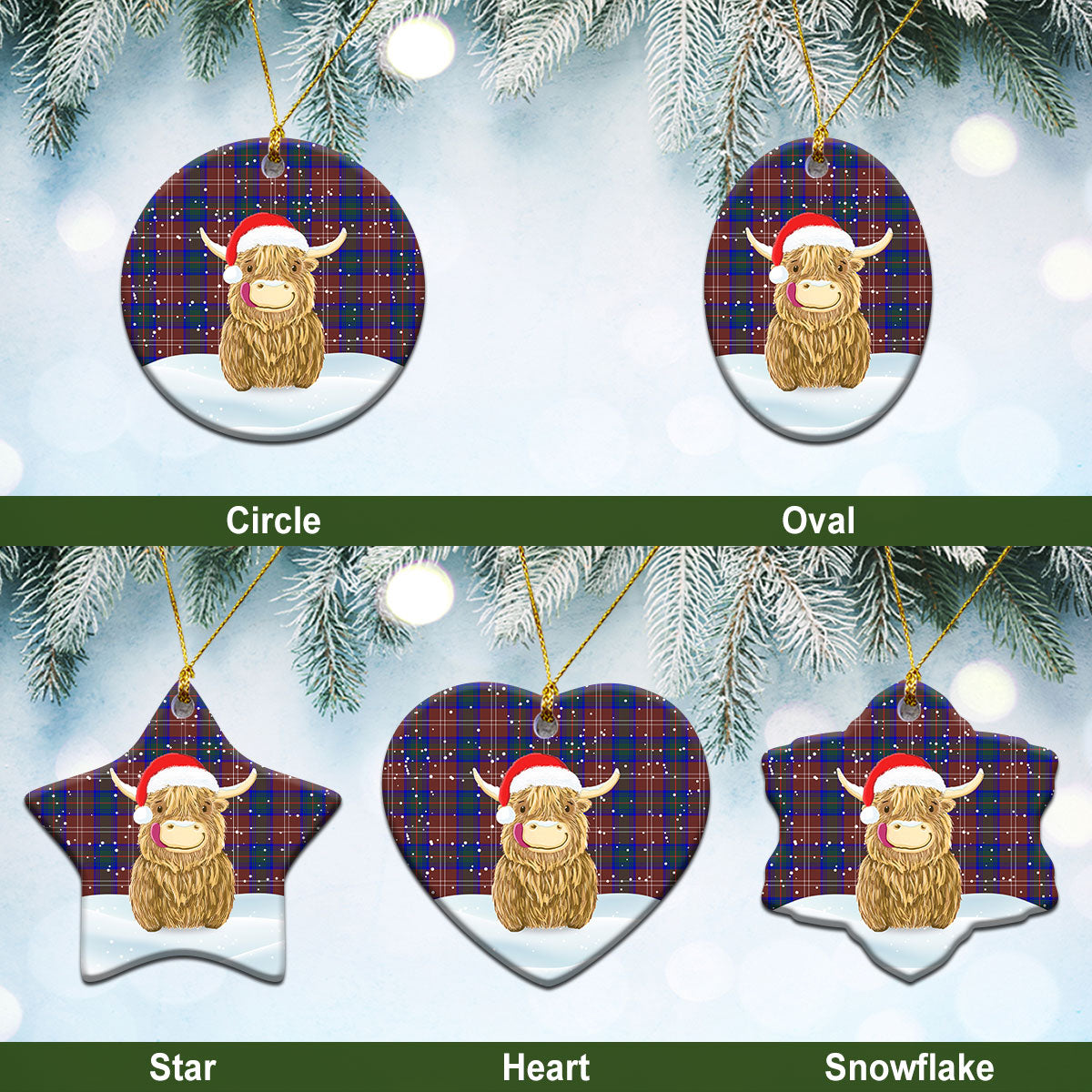 Chisholm Hunting Modern Tartan Christmas Ceramic Ornament - Highland Cows Style