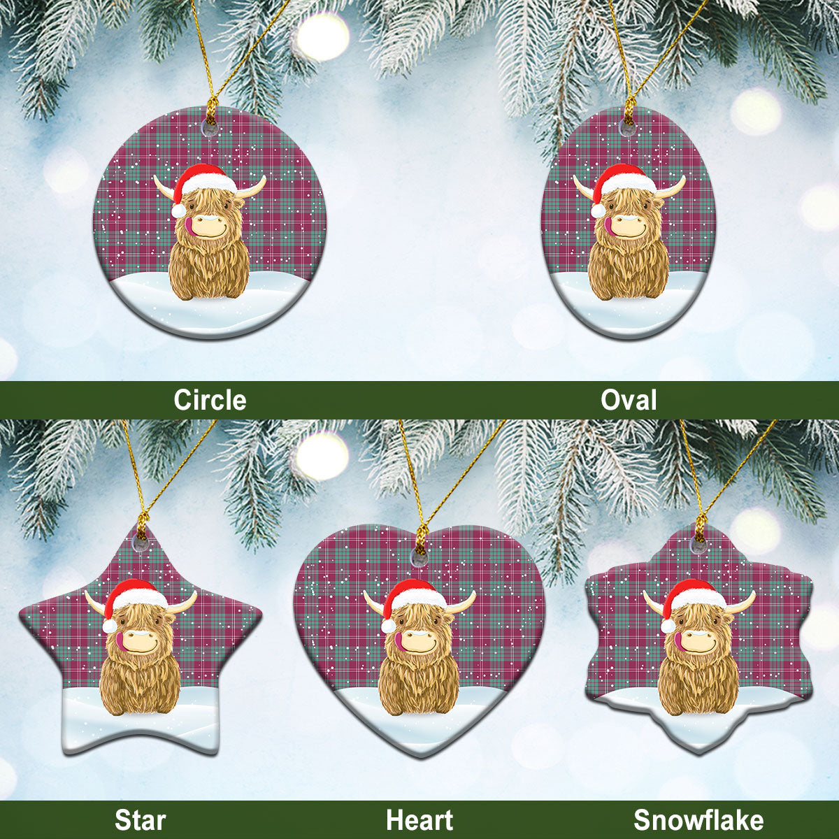 Crawford Ancient Tartan Christmas Ceramic Ornament - Highland Cows Style