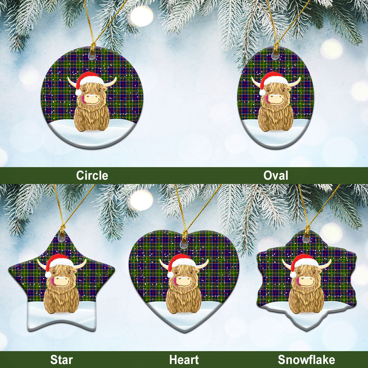 Dalrymple Tartan Christmas Ceramic Ornament - Highland Cows Style