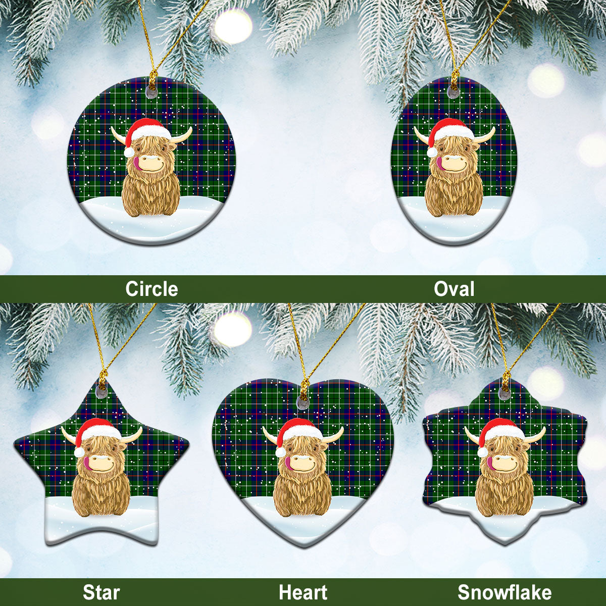 Duncan Modern Tartan Christmas Ceramic Ornament - Highland Cows Style