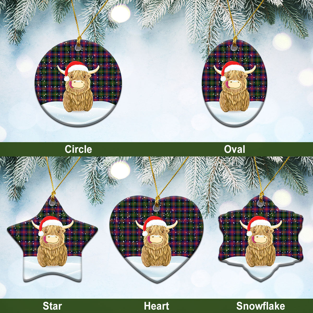 Logan Modern Tartan Christmas Ceramic Ornament - Highland Cows Style