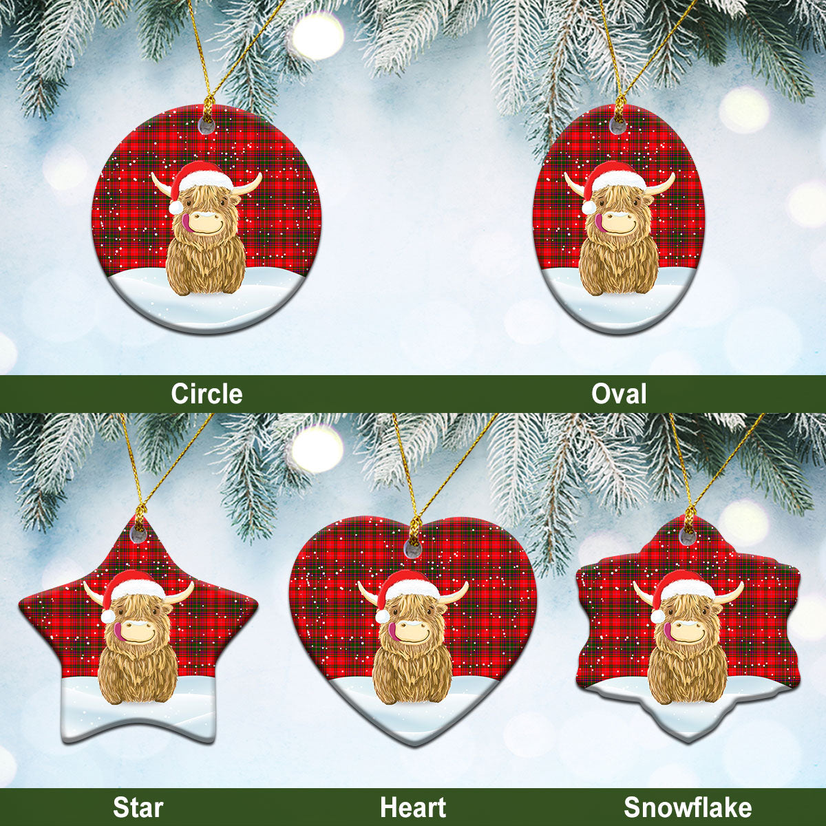 MacDougall Modern Tartan Christmas Ceramic Ornament - Highland Cows Style
